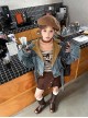 American Vintage Denim Autumn Workwear Style Kawaii Fashion High Waist Brown Skirt Long Sleeves Striped Shirt Blue Coat Set