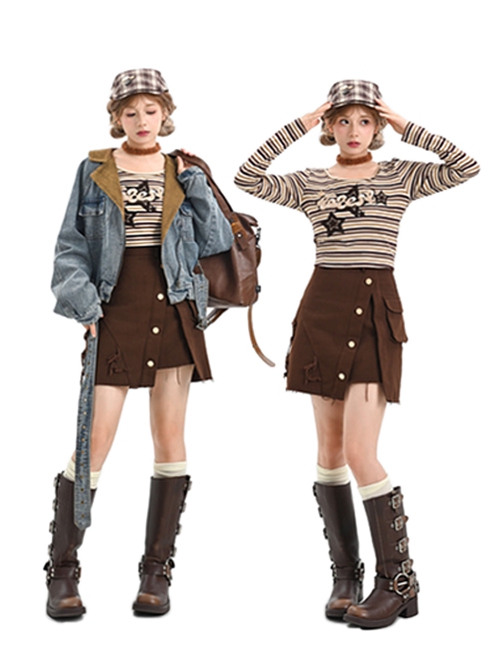 American Vintage Denim Autumn Workwear Style Kawaii Fashion High Waist Brown Skirt Long Sleeves Striped Shirt Blue Coat Set