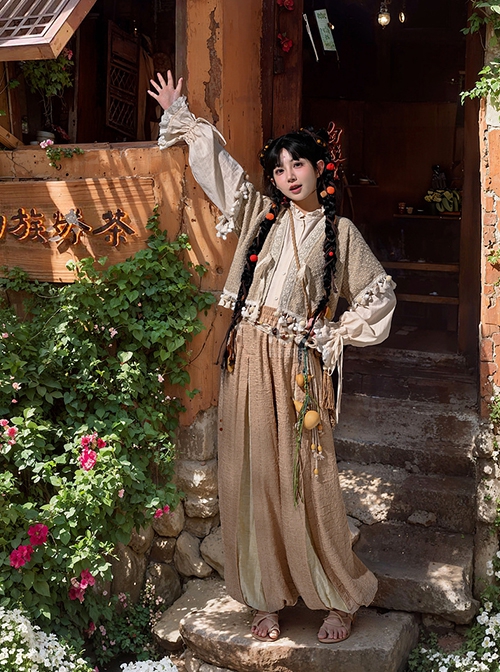 Nomadic Girl Series Khaki Loose Kawaii Fashion Han Element Shirt Lantern Pants Hanfu Linen Short Sleeves Cardigan Set