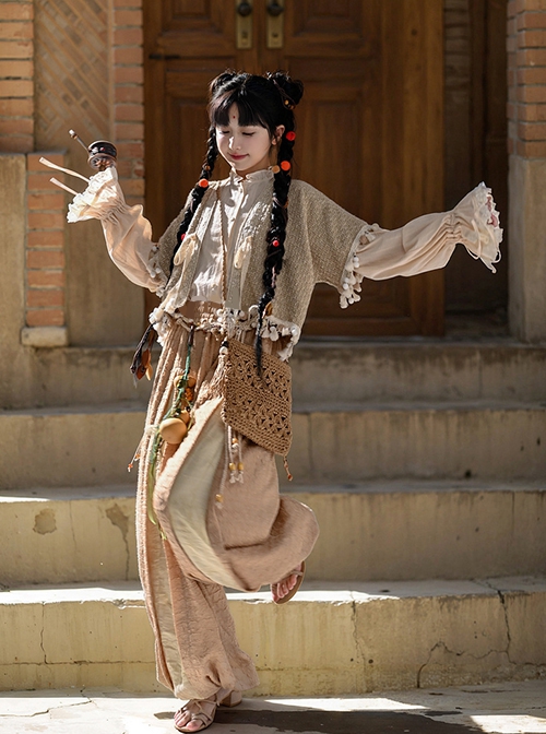 Nomadic Girl Series Khaki Loose Kawaii Fashion Han Element Shirt Lantern Pants Hanfu Linen Short Sleeves Cardigan Set