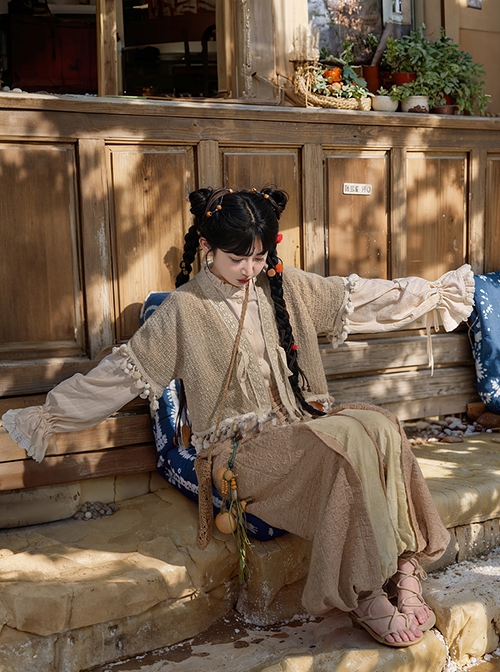 Nomadic Girl Series Khaki Loose Kawaii Fashion Han Element Shirt Lantern Pants Hanfu Linen Short Sleeves Cardigan Set