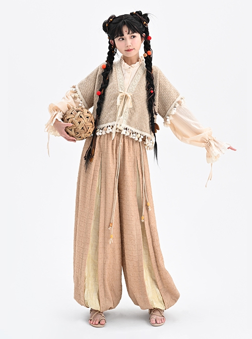 Nomadic Girl Series Khaki Loose Kawaii Fashion Han Element Shirt Lantern Pants Hanfu Linen Short Sleeves Cardigan Set