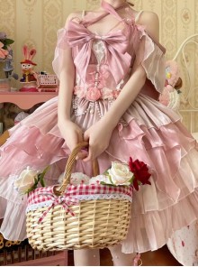 Little Flower Fairy Series Pink Flower Wedding Elegant Gorgeous Mercerized Satin Bowknot Lace Sweet Lolita Halter Dress Set