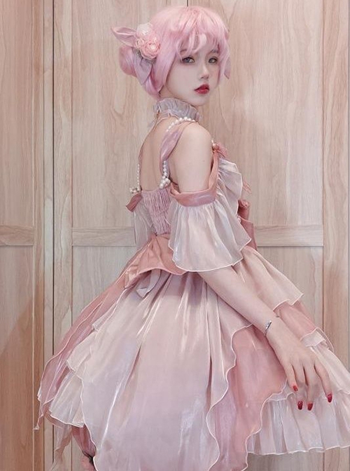 Little Flower Fairy Series Pink Flower Wedding Elegant Gorgeous Mercerized Satin Bowknot Lace Sweet Lolita Halter Dress Set