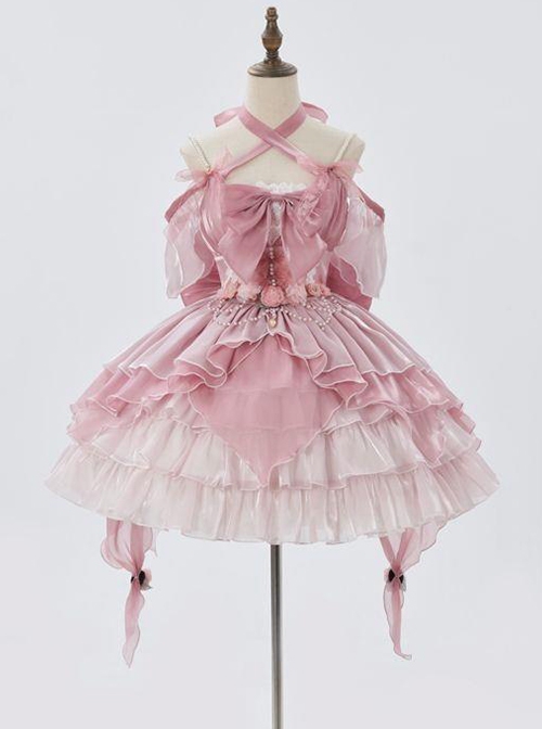 Little Flower Fairy Series Pink Flower Wedding Elegant Gorgeous Mercerized Satin Bowknot Lace Sweet Lolita Halter Dress Set