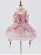 Little Flower Fairy Series Pink Flower Wedding Elegant Gorgeous Mercerized Satin Bowknot Lace Sweet Lolita Halter Dress Set