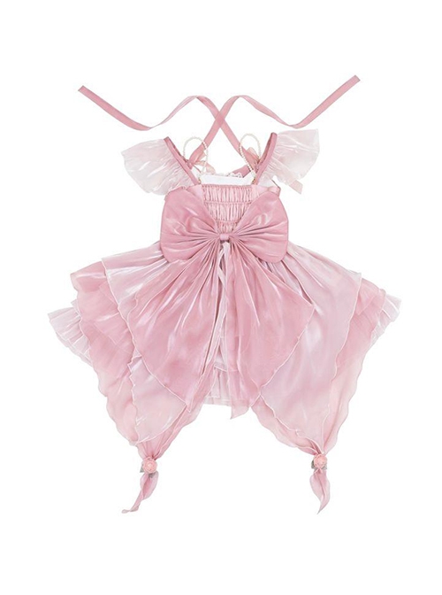 Little Flower Fairy Series Pink Flower Wedding Elegant Gorgeous Mercerized Satin Bowknot Lace Sweet Lolita Halter Dress Set