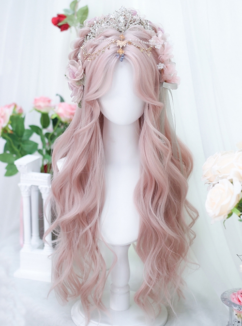 Girl Group Idol Elegant Flower Fairy Taro Light Pink Long Curly Hair Mid Split Sweet Lolita Wig