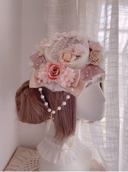 Nursery Rhymes Series Light Pink Artificial Roses Flower Wedding Ribbon Bowknot Sweet Lolita Lace Round Hat