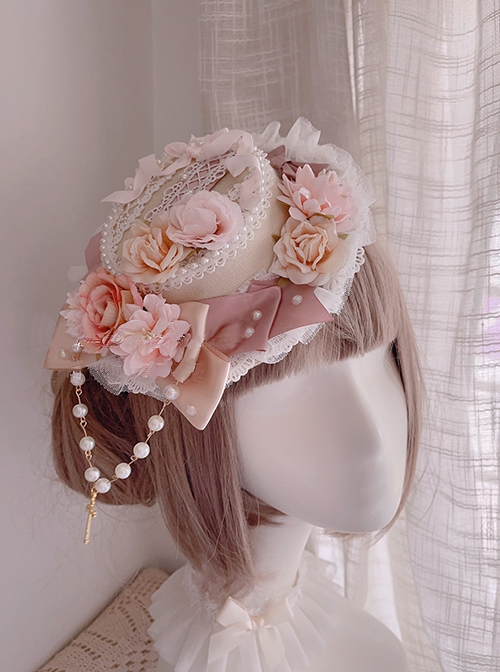 Nursery Rhymes Series Light Pink Artificial Roses Flower Wedding Ribbon Bowknot Sweet Lolita Lace Round Hat