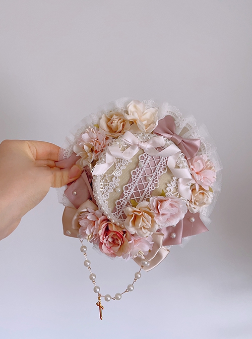 Nursery Rhymes Series Light Pink Artificial Roses Flower Wedding Ribbon Bowknot Sweet Lolita Lace Round Hat