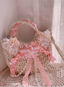 Spring Walk Series Spring Flower Ruffles Lace Ribbon Bowknot Pearl Elegant Sweet Lolita Apricot Straw Handbag