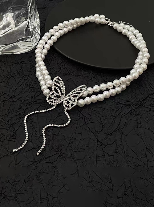 Diamond Butterfly Tassel Fashionable Shiny Elegant Light Luxury Classic Lolita Double Layer Pearl Necklace