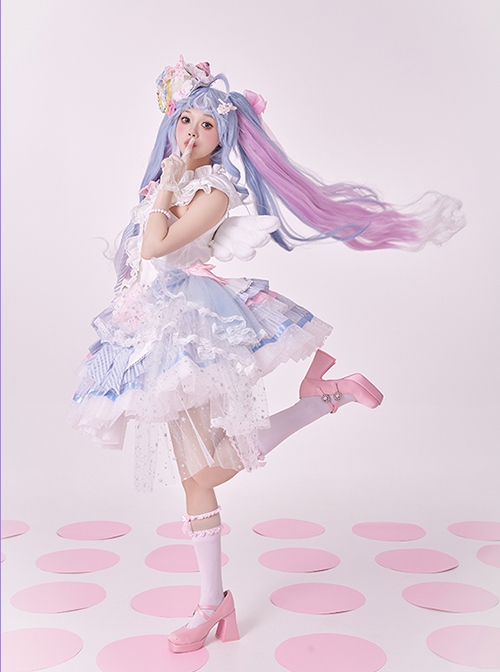 Hatsune Miku Be The One Derivative Hit Singing Apparel Blue Pink Cute Idol Lace Ruffles Bowknot Sweet Lolita Vest Skirt Set