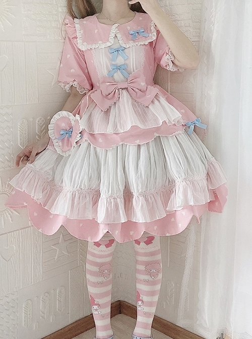 Runaway Sweetheart Series Cute Pink Ruffles Square Lapel Sweet Lolita High Waist Puff Sleeves Dress