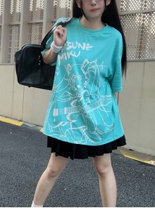 Hatsune Miku Co-Branded Kawaii Fashion Casual Harajuku Style Cool High Saturation Green Cartoon Illustration T-Shirt