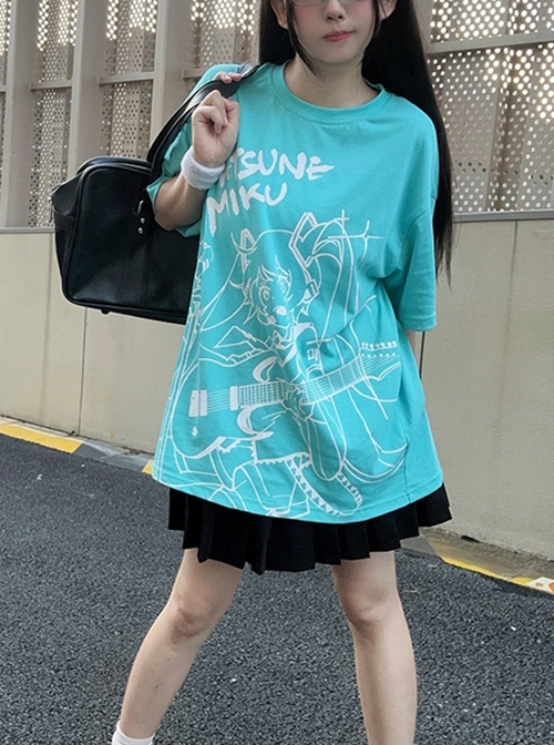 Hatsune Miku Co-Branded Kawaii Fashion Casual Harajuku Style Cool High Saturation Green Cartoon Illustration T-Shirt