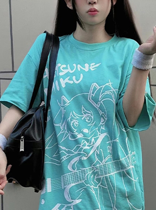 Hatsune Miku Co-Branded Kawaii Fashion Casual Harajuku Style Cool High Saturation Green Cartoon Illustration T-Shirt