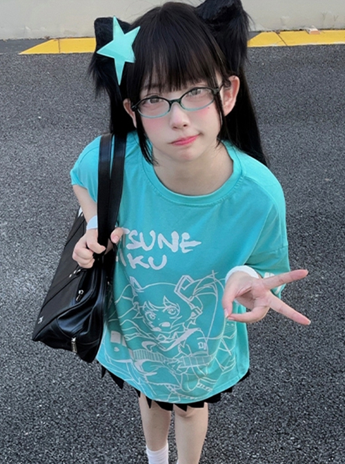 Hatsune Miku Co-Branded Kawaii Fashion Casual Harajuku Style Cool High Saturation Green Cartoon Illustration T-Shirt