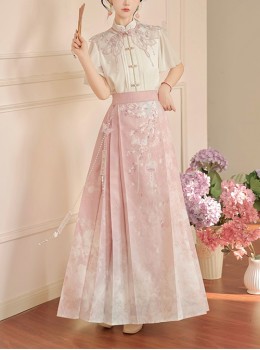 Chinese Style Elements Light Pink Butterfly Neckline Elegant Sweet Plum Flower Hanfu Kawaii Fashion Shirt Skirt Set