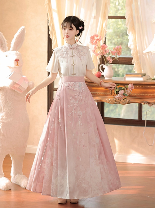 Chinese Style Elements Light Pink Butterfly Neckline Elegant Sweet Plum Flower Hanfu Kawaii Fashion Shirt Skirt Set