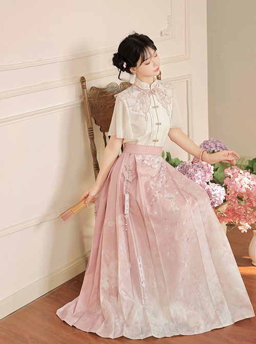 Chinese Style Elements Light Pink Butterfly Neckline Elegant Sweet Plum Flower Hanfu Kawaii Fashion Shirt Skirt Set