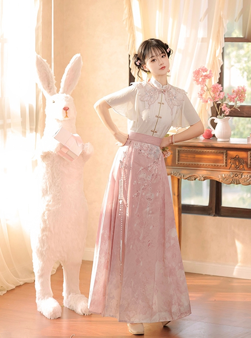 Chinese Style Elements Light Pink Butterfly Neckline Elegant Sweet Plum Flower Hanfu Kawaii Fashion Shirt Skirt Set