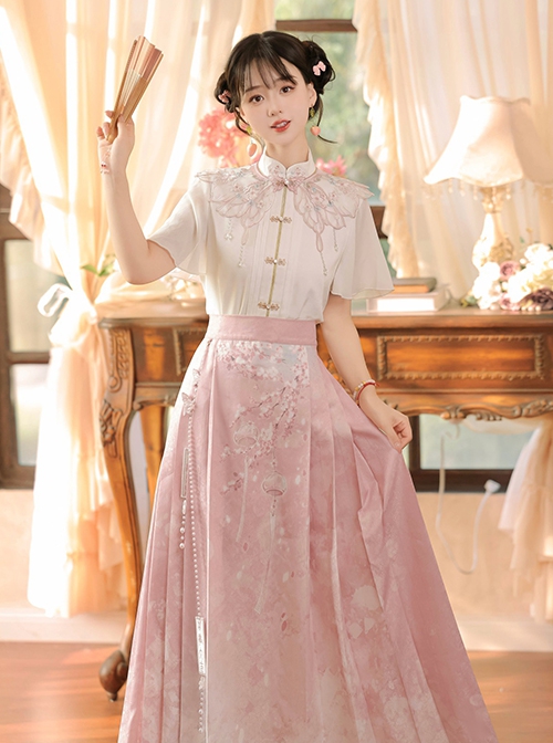 Chinese Style Elements Light Pink Butterfly Neckline Elegant Sweet Plum Flower Hanfu Kawaii Fashion Shirt Skirt Set