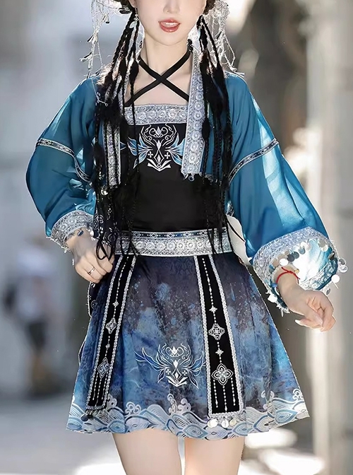 Chinese Style Improved Han Elements Blue Miao Nationality Elegant Kawaii Fashion Camisole Skirt Cardigan Set