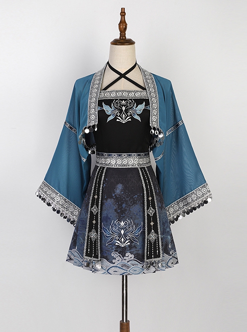 Chinese Style Improved Han Elements Blue Miao Nationality Elegant Kawaii Fashion Camisole Skirt Cardigan Set