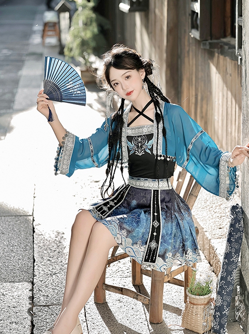 Chinese Style Improved Han Elements Blue Miao Nationality Elegant Kawaii Fashion Camisole Skirt Cardigan Set