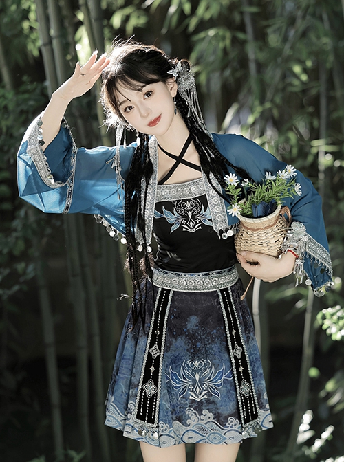 Chinese Style Improved Han Elements Blue Miao Nationality Elegant Kawaii Fashion Camisole Skirt Cardigan Set