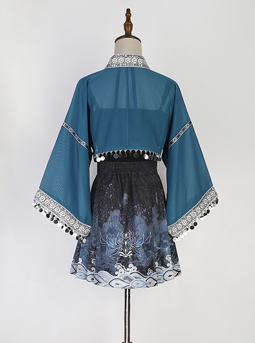 Chinese Style Improved Han Elements Blue Miao Nationality Elegant Kawaii Fashion Camisole Skirt Cardigan Set