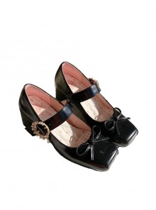 Angel Hymn Series Elegant Star Moon Pearl Buttons Black Ribbon Bowknot Classic Lolita Square Toe Mary Jane Shoes