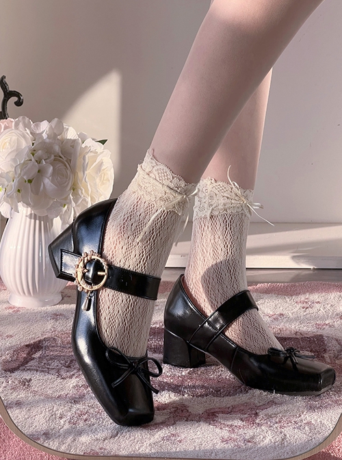 Angel Hymn Series Elegant Star Moon Pearl Buttons Black Ribbon Bowknot Classic Lolita Square Toe Mary Jane Shoes