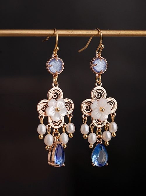 Angel Chinese Style Tang Dynasty Fairy Noble Exotic Blue Gemstone Pearls Shell Flowers Classic Lolita Earrings