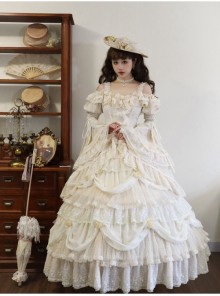 Leiden Manor Series Apricot Gorgeous Palace Style Ruffles Bowknot Lace Flower Wedding Classic Lolita Long Sleeves Dress