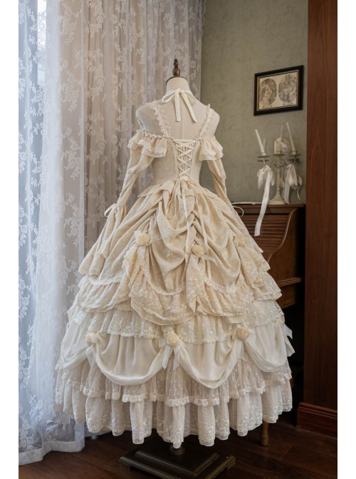 Leiden Manor Series Apricot Gorgeous Palace Style Ruffles Bowknot Lace Flower Wedding Classic Lolita Long Sleeves Dress