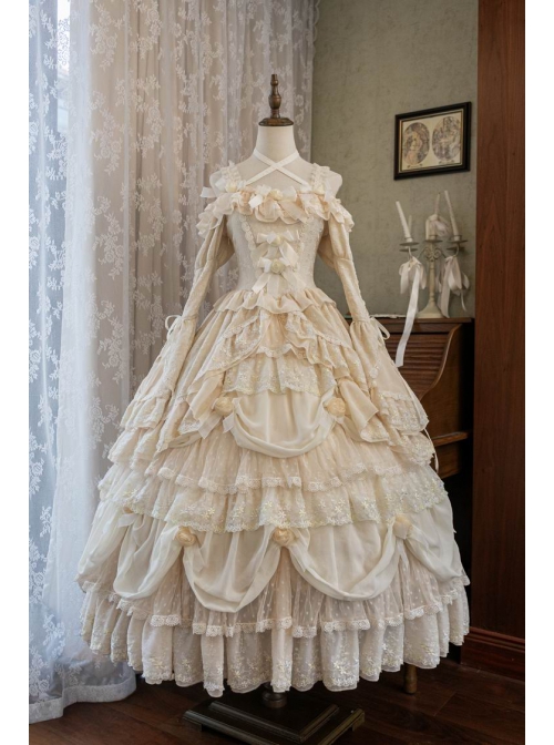 Leiden Manor Series Apricot Gorgeous Palace Style Ruffles Bowknot Lace Flower Wedding Classic Lolita Long Sleeves Dress