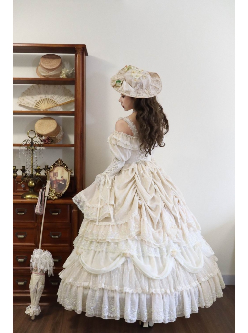 Leiden Manor Series Apricot Gorgeous Palace Style Ruffles Bowknot Lace Flower Wedding Classic Lolita Long Sleeves Dress