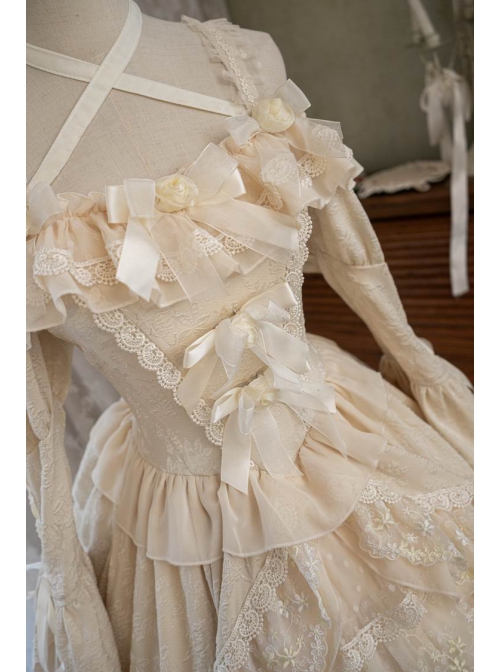 Leiden Manor Series Apricot Gorgeous Palace Style Ruffles Bowknot Lace Flower Wedding Classic Lolita Long Sleeves Dress