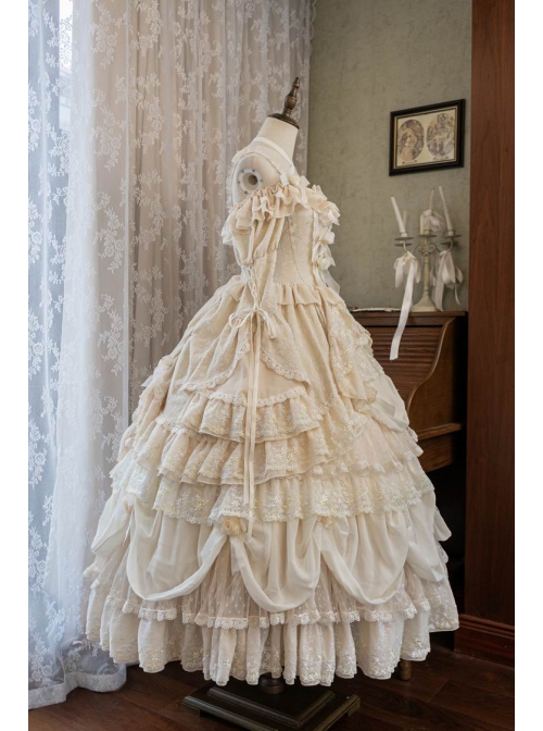 Leiden Manor Series Apricot Gorgeous Palace Style Ruffles Bowknot Lace Flower Wedding Classic Lolita Long Sleeves Dress