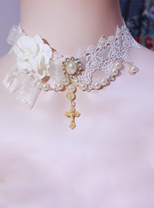 White Golden Gorgeous Palace Style Pearl Chain Lace Flower Wedding Elegant Cross Pendant Classic Lolita Necklace