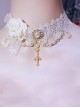 White Golden Gorgeous Palace Style Pearl Chain Lace Flower Wedding Elegant Cross Pendant Classic Lolita Necklace