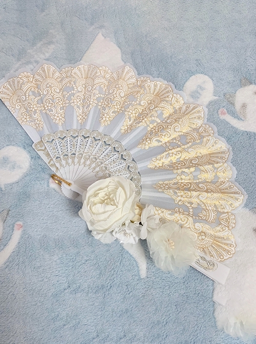 European Retro Palace Style Pattern Apricot Dance Performance Drama Props Tea Party Classic Lolita Folding Fan