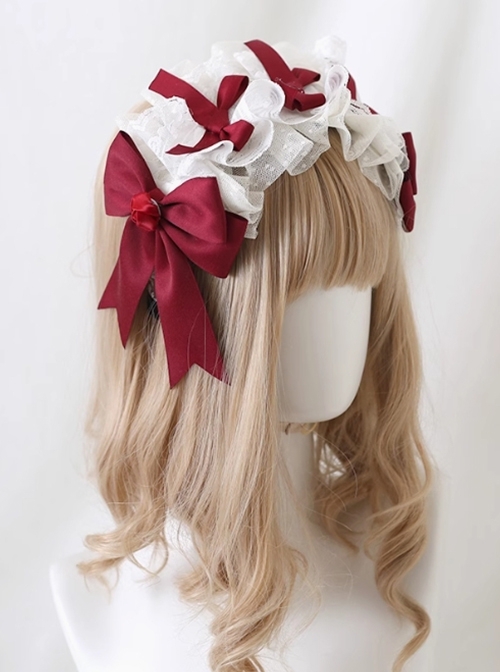 Fairy Tale Style Cute Red Ribbon Bowknot Fluffy 3D White Mesh Yarn Lace Hair Accessory Sweet Lolita Headband