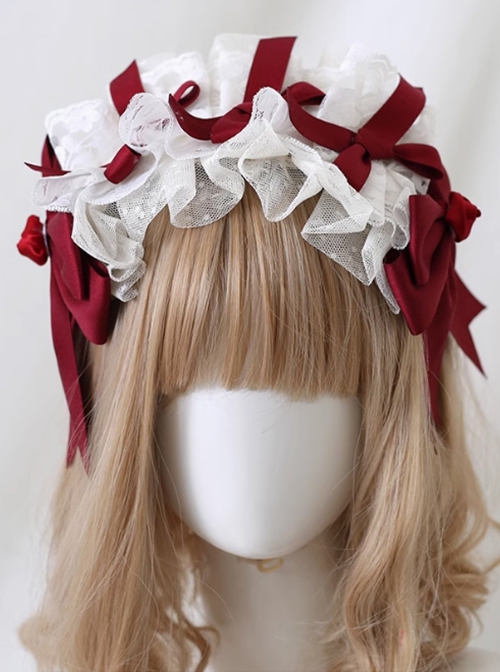 Fairy Tale Style Cute Red Ribbon Bowknot Fluffy 3D White Mesh Yarn Lace Hair Accessory Sweet Lolita Headband