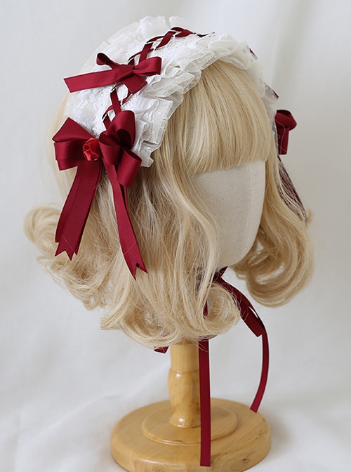 Fairy Tale Style Chiffon Lace Cute Red Rose Cross Ribbon Bowknot Hair Accessory Sweet Lolita Headband