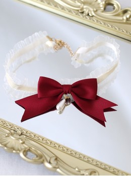 Cute Red Ribbon Bowknot Fairy Tale Style Lace Chain Pearl Pendant Sweet Lolita Necklace