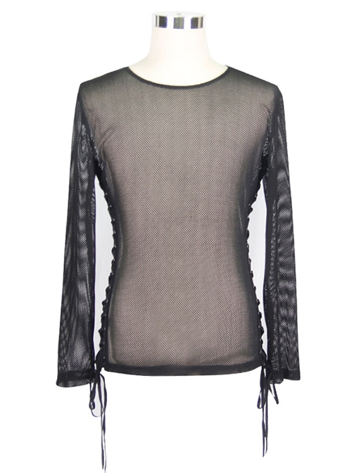 Punk Style Sexy See Through Mesh Side Tie Round Neck Black Long Sleeve T-Shirt